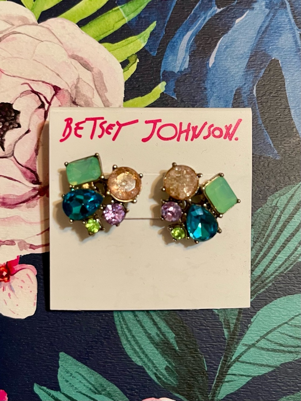 BETSEY JOHNSON SWEET SHOP Green, Teal & Purple Crystal Cluster Stud Earrings